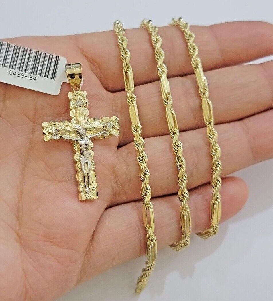 10kt Gold Milano Rope Chain Cross Charm Pendant Set 18 - 24 Inch 3mm Necklace REAL - GoldenlinQ